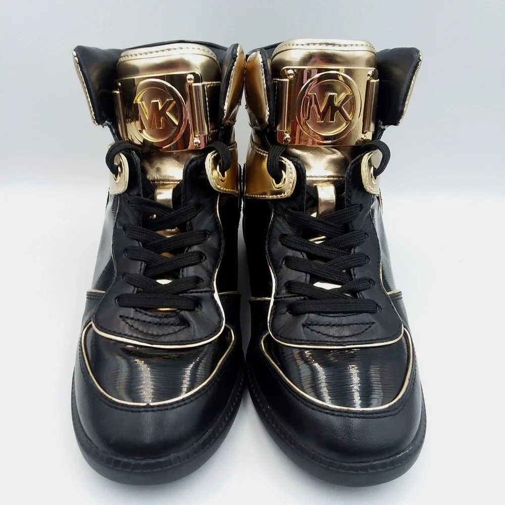 Michael Kors Nikko High-Top Wedge Sneakers Black Gold Patent‎ Leather Women's 8M